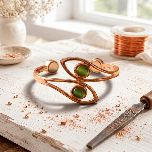 Rose Copper Leaf Bracelet – Hand-Shaped Wire Cuff with Green Stones