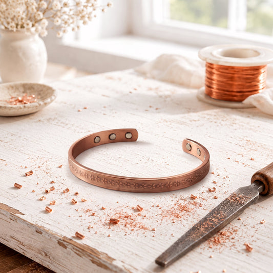 Rose Copper Daisy Bracelet – Hand-Stamped Floral Slim Cuff