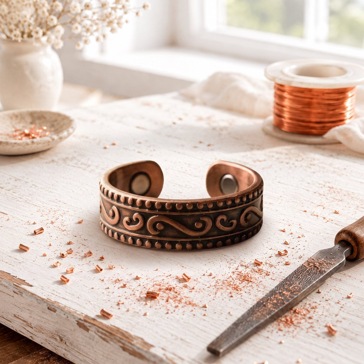 Pink Copper Tendril Ring – Hand-Engraved Fern Scroll Band
