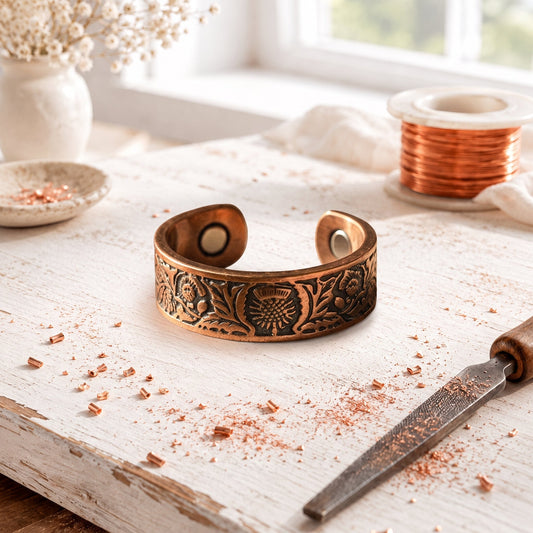 Copper Cuff Bracelet – Hand-Inlaid Jade, Adjustable Open Design