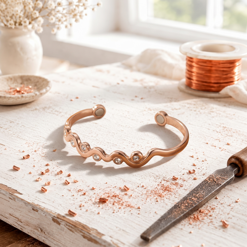 Copper Bracelet with Aurora Crystals – Handmade Open Cuff