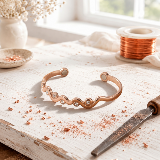 Copper Bracelet with Aurora Crystals – Handmade Open Cuff