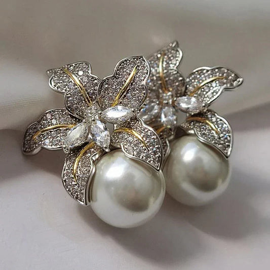 Flower Pearl Drop Earrings – White Gold-Tone with Sparkling Petals