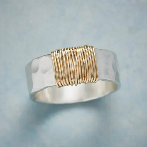 Hammered Wire-Wrap Ring – Silver-Tone Band with Gold-Tone Wire Accent