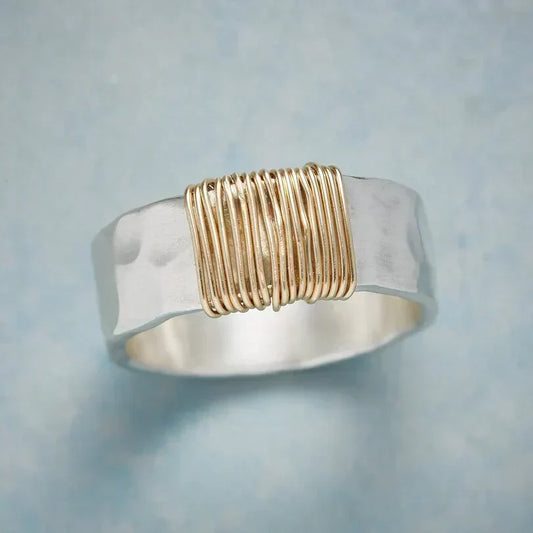 Hammered Wire-Wrap Ring – Silver-Tone Band with Gold-Tone Wire Accent