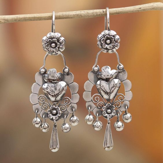 Heart and Flower Drop Earrings in Silver