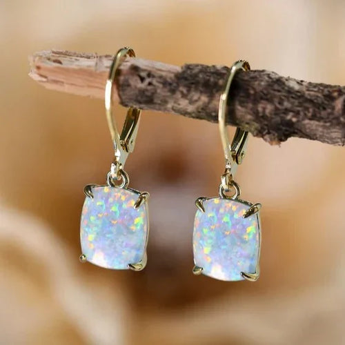 Square Opal-Effect Earrings – White Iridescent Stud Design