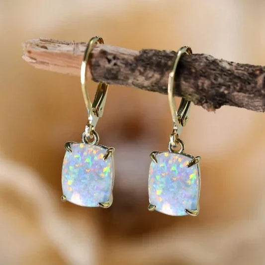 Square Opal-Effect Earrings – White Iridescent Stud Design