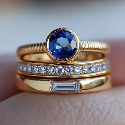 Vintage-Style Blue Zirconia Ring Set – Gold-Tone Stacking Rings